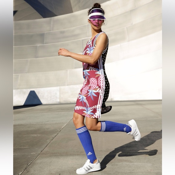 ADIDAS/FARM RIO COLLAB PINEAPPLE POLKA DOTS ATHLEISURE TROPICAL‎ TANK DRESS - Picture 1 of 16